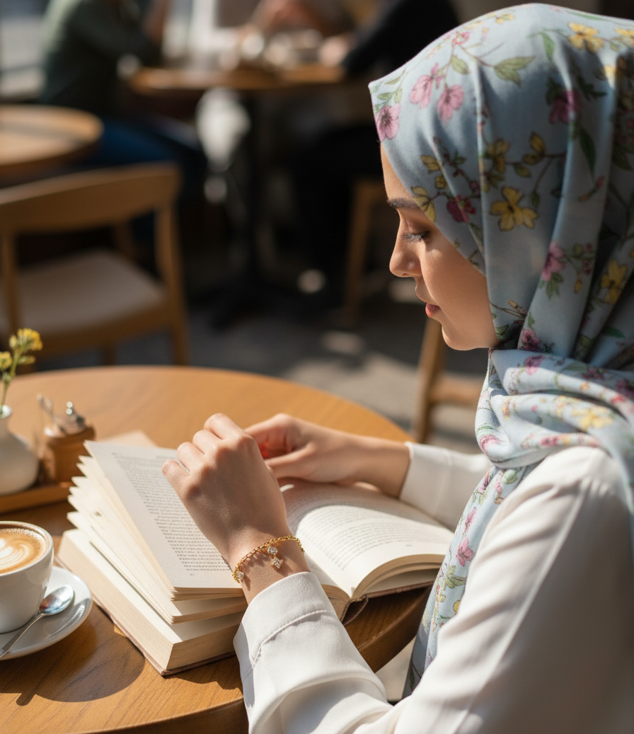 Woman wearing gold bracelet reading a book in a cafe with a cup of coffee on a table.