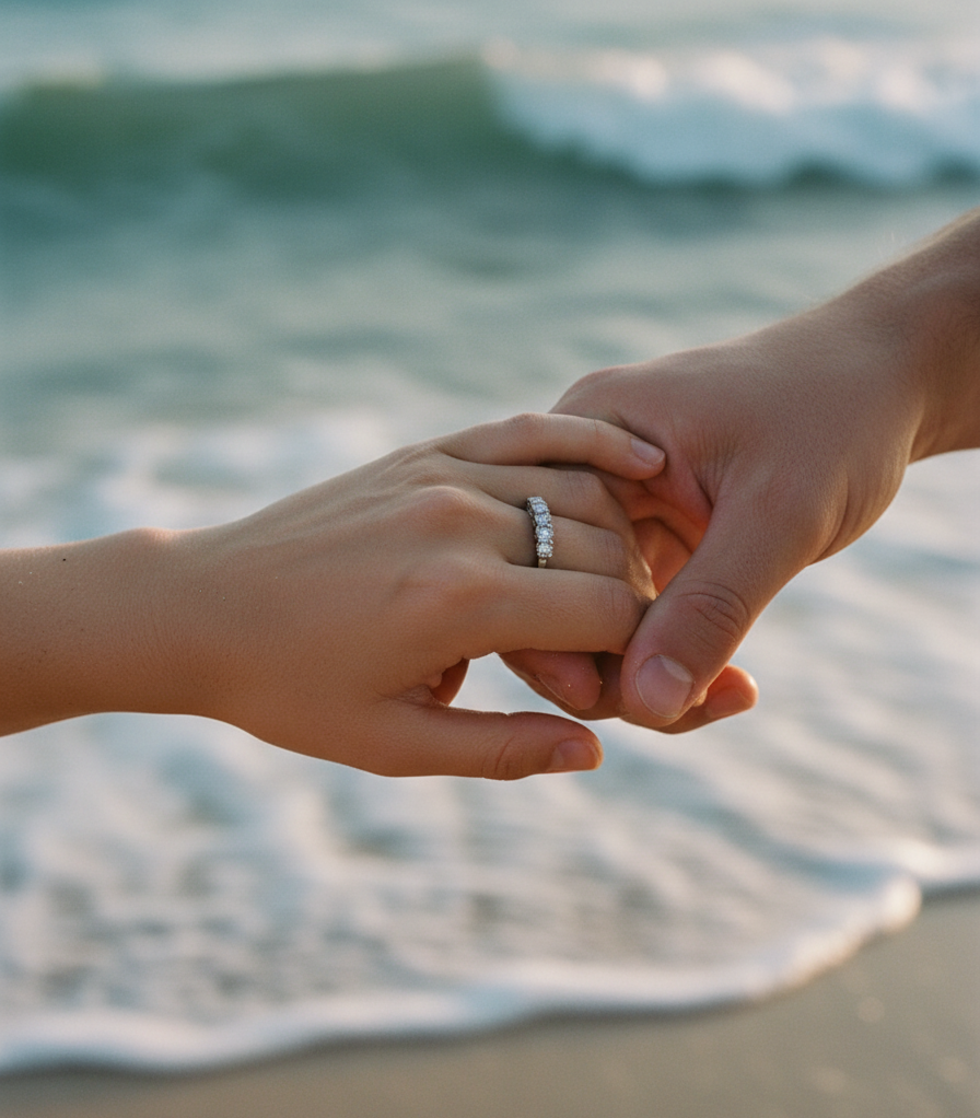 Two hands holding each other with a blurred ocean background. one hand wearing diamond ring